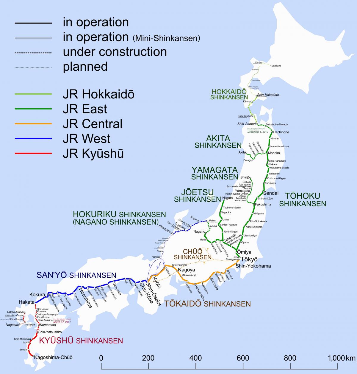 Carte des lignes ferroviaires du Japon